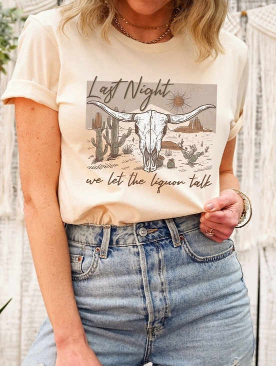 None Tops - Boho Morgan Wallen "Last Night" Song Lyric Desert Skull Cropped Graphic Tee